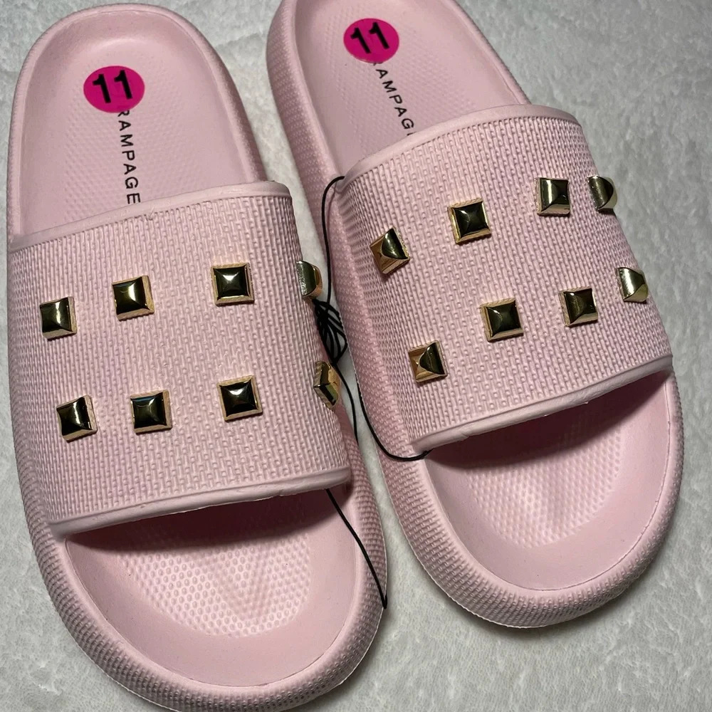 Rampage Pink Slide Sandals with Gold Studs - Picture 1 of 3